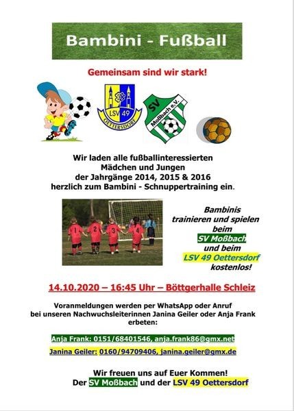 Bambini-Schnuppertraining am 14.10.2020 in Vereinskooperation ⚽️?