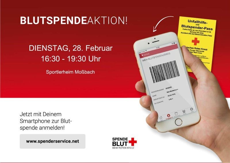 Am 28.02.2023 im Moßbacher Sportlerheim: Spende Blut - Rette Leben! 🩸